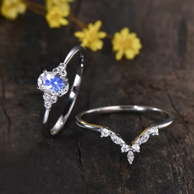 925 Sterling Silver Rainbow Moonstone Perhiasan Oval Cut Vintage Moonstone Cincin Pertunangan untuk Wanita