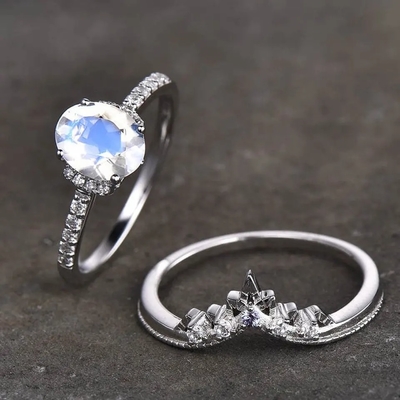 Glamour Hot Fashion Natural Rainbow Moonstone Wanita 925 Sterling Silver Perhiasan Cincin