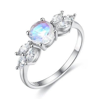 Wanita 925 Sterling Silver Natural Blue Moonstone Cincin Batu Bulan Desain Perhiasan