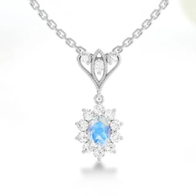 S925 Sterling Silver 14K Berlapis Emas Bentuk Bulat Perhiasan Biru Batu Bulan Bola Kalung Perhiasan Berkualitas Tinggi