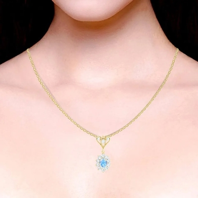 S925 Sterling Silver 14K Berlapis Emas Bentuk Bulat Perhiasan Biru Batu Bulan Bola Kalung Perhiasan Berkualitas Tinggi