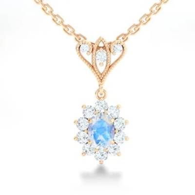 S925 Sterling Silver 14K Berlapis Emas Bentuk Bulat Perhiasan Biru Batu Bulan Bola Kalung Perhiasan Berkualitas Tinggi