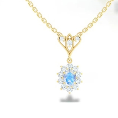 S925 Sterling Silver 14K Berlapis Emas Bentuk Bulat Perhiasan Biru Batu Bulan Bola Kalung Perhiasan Berkualitas Tinggi