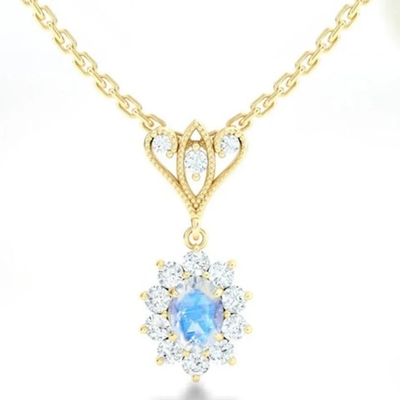 S925 Sterling Silver 14K Berlapis Emas Bentuk Bulat Perhiasan Biru Batu Bulan Bola Kalung Perhiasan Berkualitas Tinggi