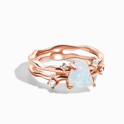 925 Sterling Silver CZ Natural Jewelry Faceted Rainbow Moonstone Tiga Batu Cincin