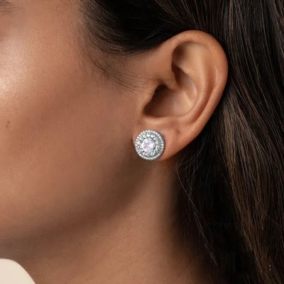 925 Sterling Silver Batu Alam Perhiasan Hexagon Cut Blue Rainbow Moonstone Stud Earrings