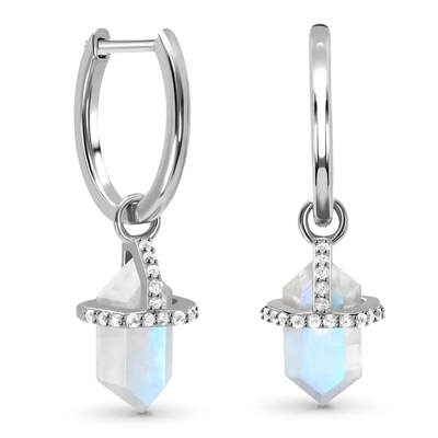 925 Sterling Silver Batu Alam Perhiasan Hexagon Cut Blue Rainbow Moonstone Stud Earrings