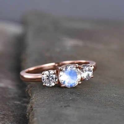925 Sterling Silver CZ Natural Jewelry Faceted Rainbow Moonstone Tiga Batu Cincin
