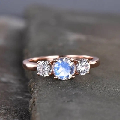 925 Sterling Silver CZ Natural Jewelry Faceted Rainbow Moonstone Tiga Batu Cincin