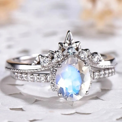 White Gold Oval Moonstone Art Deco Set Cincin Pertunangan Unik 925 Sterling Silver
