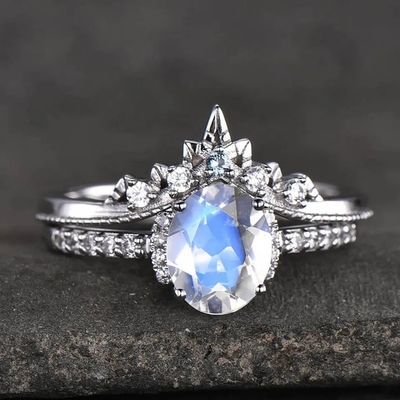 White Gold Oval Moonstone Art Deco Set Cincin Pertunangan Unik 925 Sterling Silver