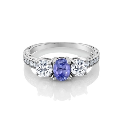 0,25 Karat Tanzanite Dengan Perhiasan Cincin Perak Sterling dengan Aksen Berlian Putih