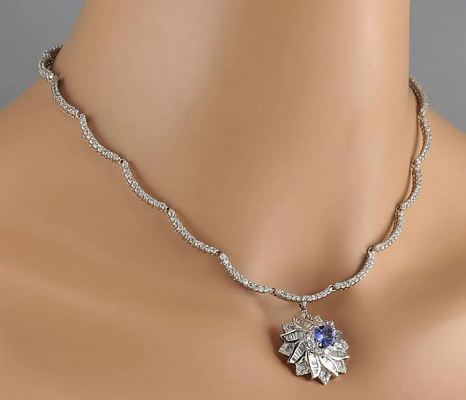 13.80 CTW Natural Tanzanite Dan Kalung Berlian Dalam Emas Putih 14K