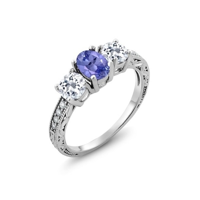 Karat Tanzanite 0.925 Sterling Perhiasan Cincin Perak Dengan Aksen Berlian Putih