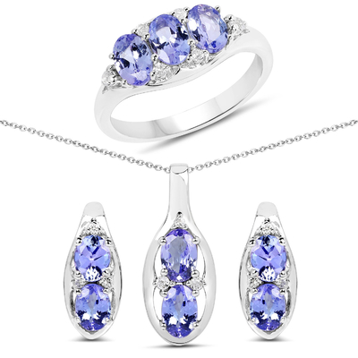 3.12 Karat Asli Tanzanite Dan Topaz Putih 3 Piece Kalung 925 Sterling Silver