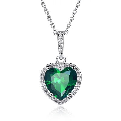 Chic Perak 925 Sterling Silver Heart Pendant Kalung Simulasi Emerald Birthstone Kalung