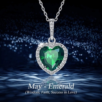Chic Perak 925 Sterling Silver Heart Pendant Kalung Simulasi Emerald Birthstone Kalung