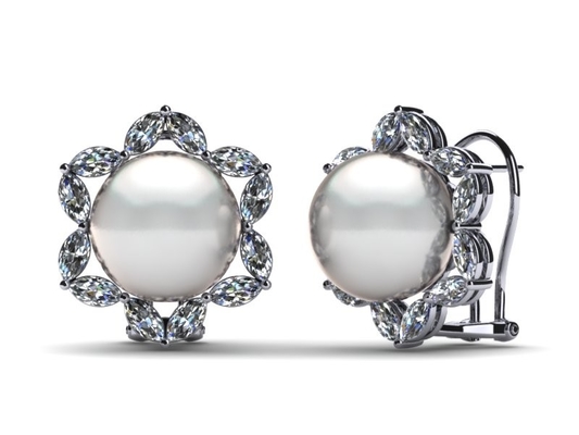 Berlian Emas Putih 14K &amp; Anting Marquise Mutiara Budidaya Air Tawar Putih