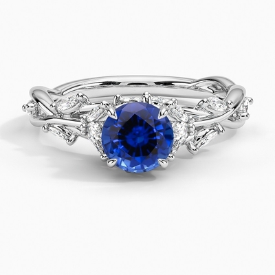 Set Cincin Berlian Sapphire Secret Garden dengan Sapphire Bulat Biru Premium 6mm