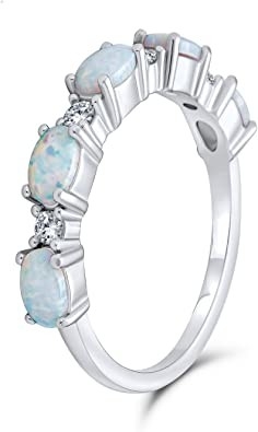 Thin CZ Accent Stackable 1/2 Eternity Oval Blue Pink Dibuat Cincin Band Opal Untuk Wanita