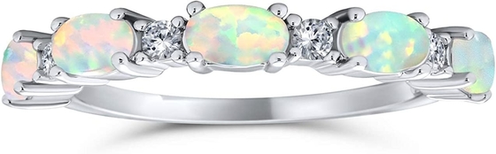 Thin CZ Accent Stackable 1/2 Eternity Oval Blue Pink Dibuat Cincin Band Opal Untuk Wanita