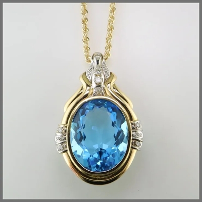 14K Round Cut Blue Topaz Dan Diamond Pendant Meningkatkan Untuk Wanita