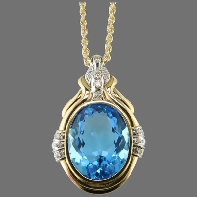 14K Round Cut Blue Topaz Dan Diamond Pendant Meningkatkan Untuk Wanita