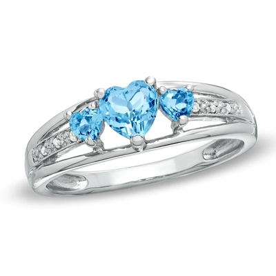 Topaz Biru Berbentuk Hati dan Aksen Berlian Tiga Cincin Janji Batu Emas Putih 10K