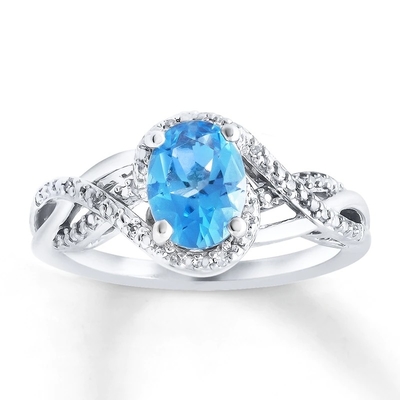 Topaz Biru Swiss Klasik Dan Cincin Pertunangan Berlian Tiga Batu 925 Sterling Silver