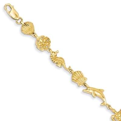 14kt Kuning Emas Sea Life Gelang 7 Inch Seashore Fine Jewelry Hadiah Ideal Untuk Wanita Hadiah Set Dari Hati