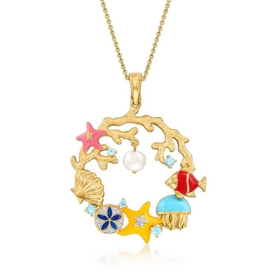 Mutiara Berbudaya Enamel Warna-warni Biru Topaz Kalung Liontin Kehidupan Laut dengan Aksen Berlian