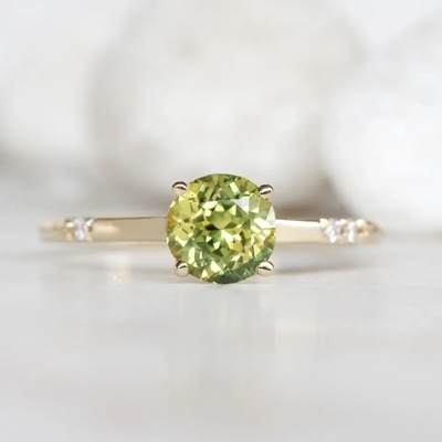 Halus Mungil Wanita Perhiasan CZ Aksen Round Green Sapphire S925 Berlapis Emas Pertunangan Janji Cincin