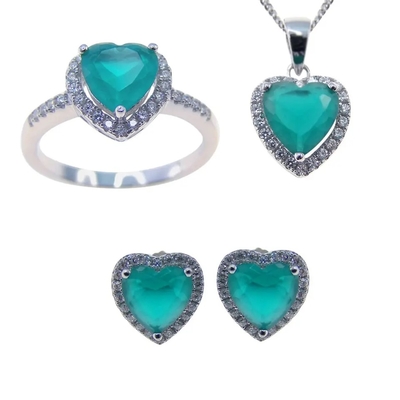 Hot Sale 925 Sterling Silver Berbentuk Hati Set Perhiasan Zirkon Hijau untuk Hadiah Wanita Fashion
