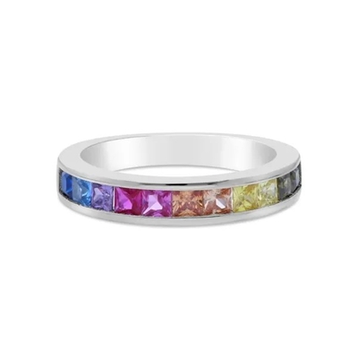 Grosir 925 Sterling Silver Rainbow CZ Baguette Batu Cincin Multicolor Zirkon Cincin Untuk Perhiasan Pesta