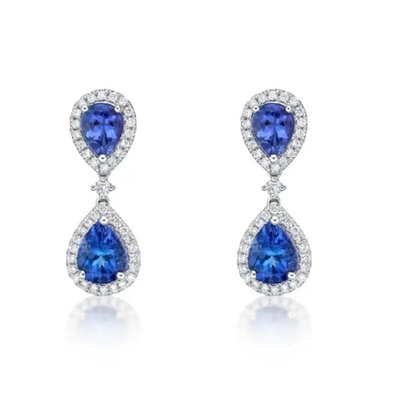 Pernikahan Perhiasan Panjang Anting-Anting Biru Tanzanite Warna Batu 925 Perak Berlapis Rhodium