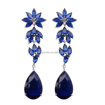 Pernikahan Perhiasan Panjang Anting-Anting Biru Tanzanite Warna Batu 925 Perak Berlapis Rhodium