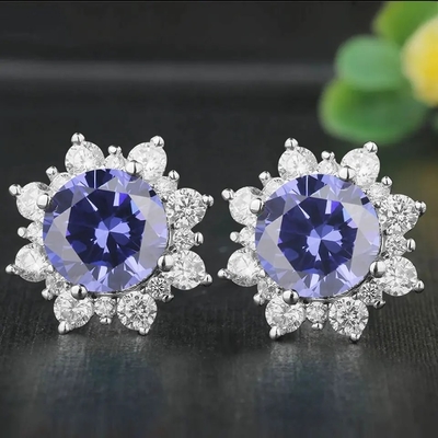 14K Kuning Emas Perhiasan CZ Halo Oval Cut Premium Hijau Tanzanite Stud Anting-Anting Wanita Klasik Anting-Anting