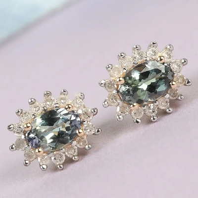 14K Kuning Emas Perhiasan CZ Halo Oval Cut Premium Hijau Tanzanite Stud Anting-Anting Wanita Klasik Anting-Anting