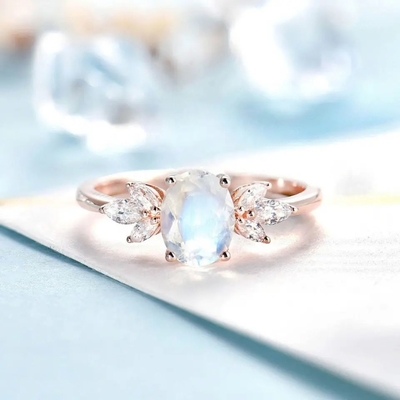 Rose gold Wanita 925 Sterling Silver Bridal Marquise Jewelry Faceted Oval cut Moonstone Engagement Ring Untuk Wanita