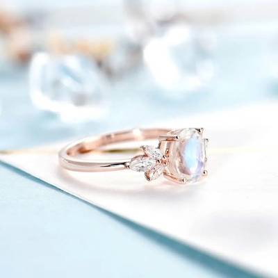 Rose gold Wanita 925 Sterling Silver Bridal Marquise Jewelry Faceted Oval cut Moonstone Engagement Ring Untuk Wanita