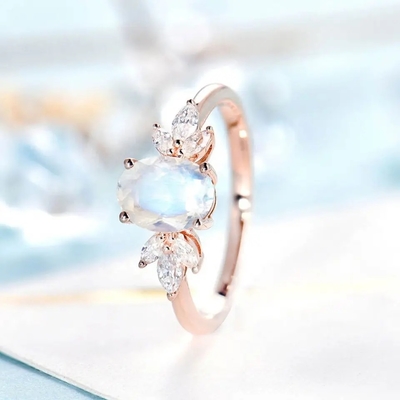 Rose gold Wanita 925 Sterling Silver Bridal Marquise Jewelry Faceted Oval cut Moonstone Engagement Ring Untuk Wanita