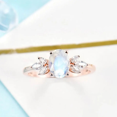 Rose gold Wanita 925 Sterling Silver Bridal Marquise Jewelry Faceted Oval cut Moonstone Engagement Ring Untuk Wanita