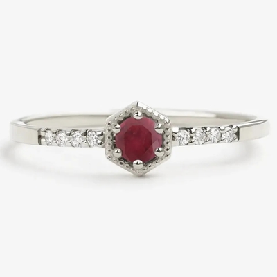 Kado Sterling Silver Natural Ruby Hexagon Minimal Engagement Ring Mungil Unik