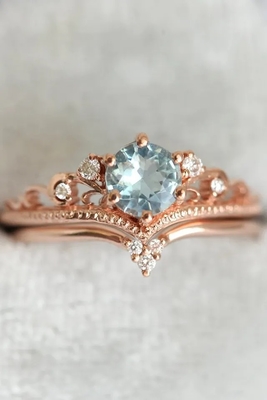 Halus S925 Mawar Berlapis Emas Alami Bentuk Bulat Aquamarine Cincin Wanita Perhiasan