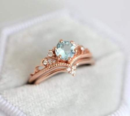 Halus S925 Mawar Berlapis Emas Alami Bentuk Bulat Aquamarine Cincin Wanita Perhiasan