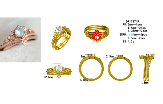 Halus S925 Mawar Berlapis Emas Alami Bentuk Bulat Aquamarine Cincin Wanita Perhiasan