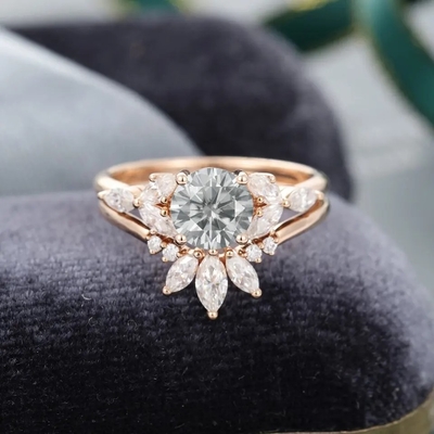 925 Perak Perhiasan Moissanite Cincin Mawar Emas Abu-abu Moissanite Set Cincin Pertunangan Marquise Cut Cincin Pengantin