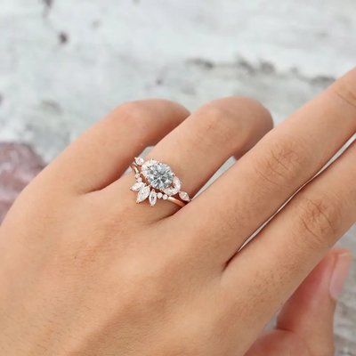 925 Perak Perhiasan Moissanite Cincin Mawar Emas Abu-abu Moissanite Set Cincin Pertunangan Marquise Cut Cincin Pengantin