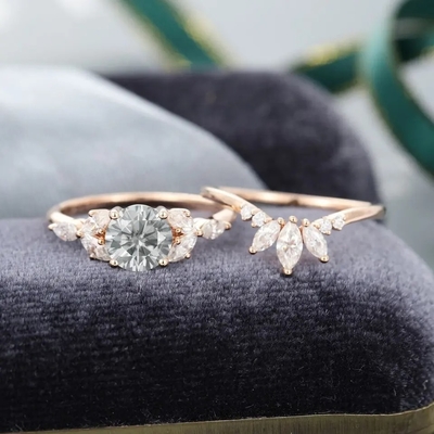 925 Perak Perhiasan Moissanite Cincin Mawar Emas Abu-abu Moissanite Set Cincin Pertunangan Marquise Cut Cincin Pengantin
