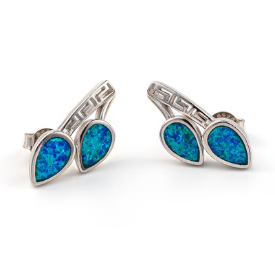 925 Dengan Sterling Silver Kunci Yunani Natural Blue Garnet Stud Berliku-liku Opal Anting Untuk Wanita